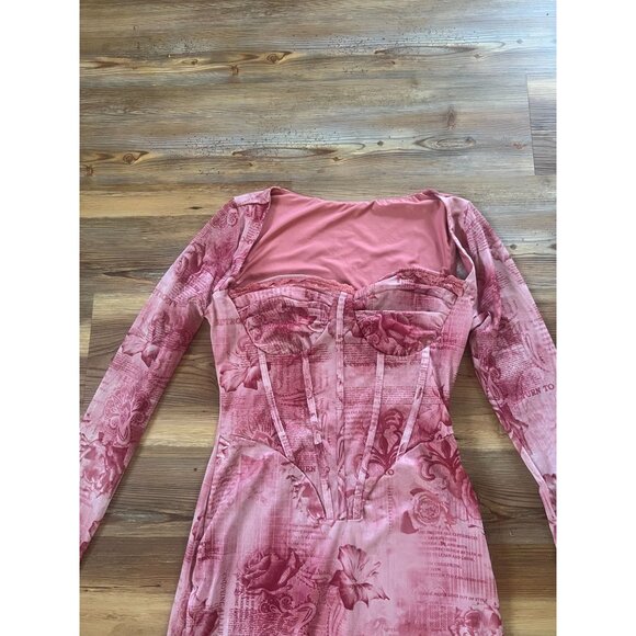 SHEIN Curve 0XL Pink Print Corset Maxi Dress Bodycon Mesh Long Sleeve Y2K - Picture 10 of 11